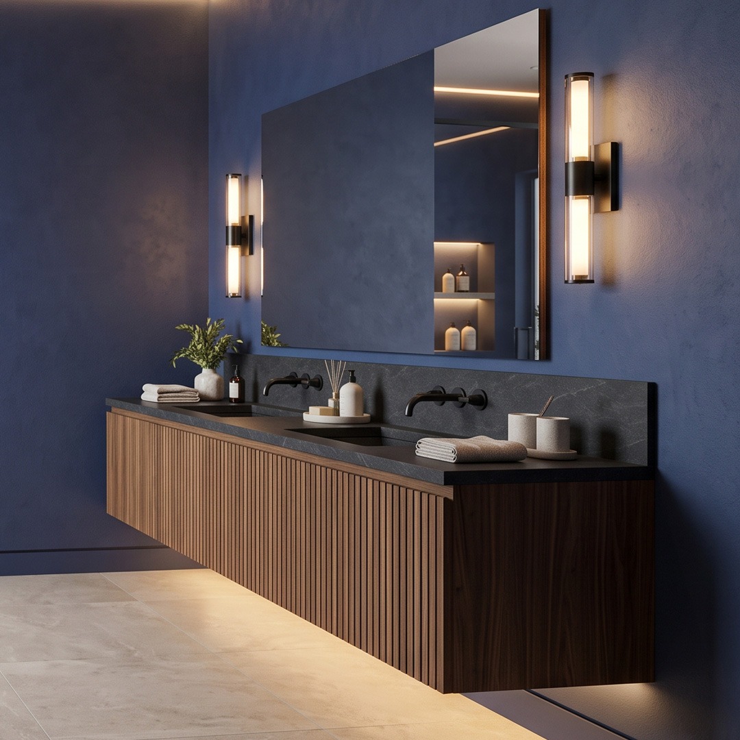 Iluminación puntual en la zona del lavabo Espejo de baño iluminado con apliques laterales para una luz uniforme sobre el lavabo