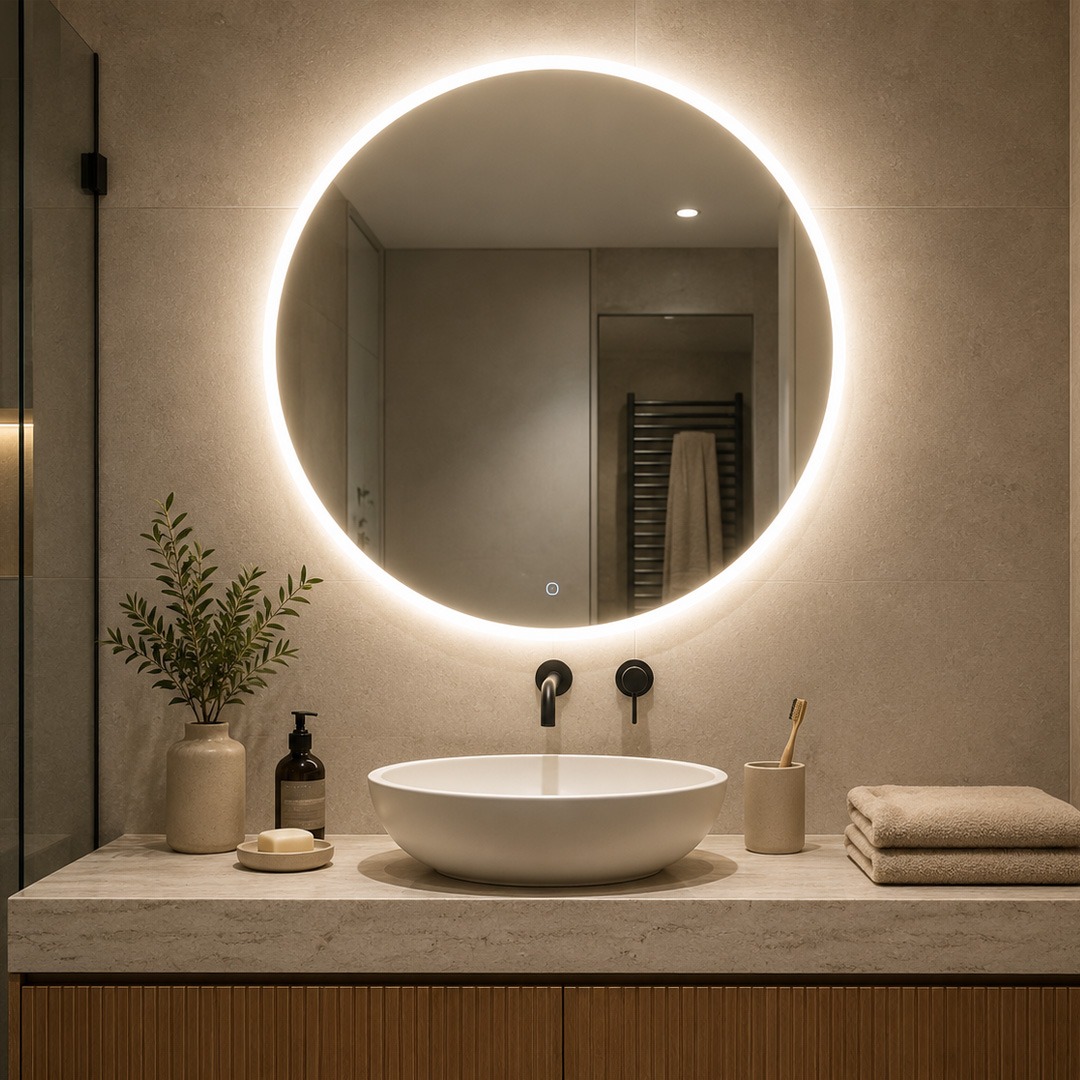 Iluminación LED regulable para baño Espejo redondo con iluminación LED regulable para adaptar la intensidad de la luz