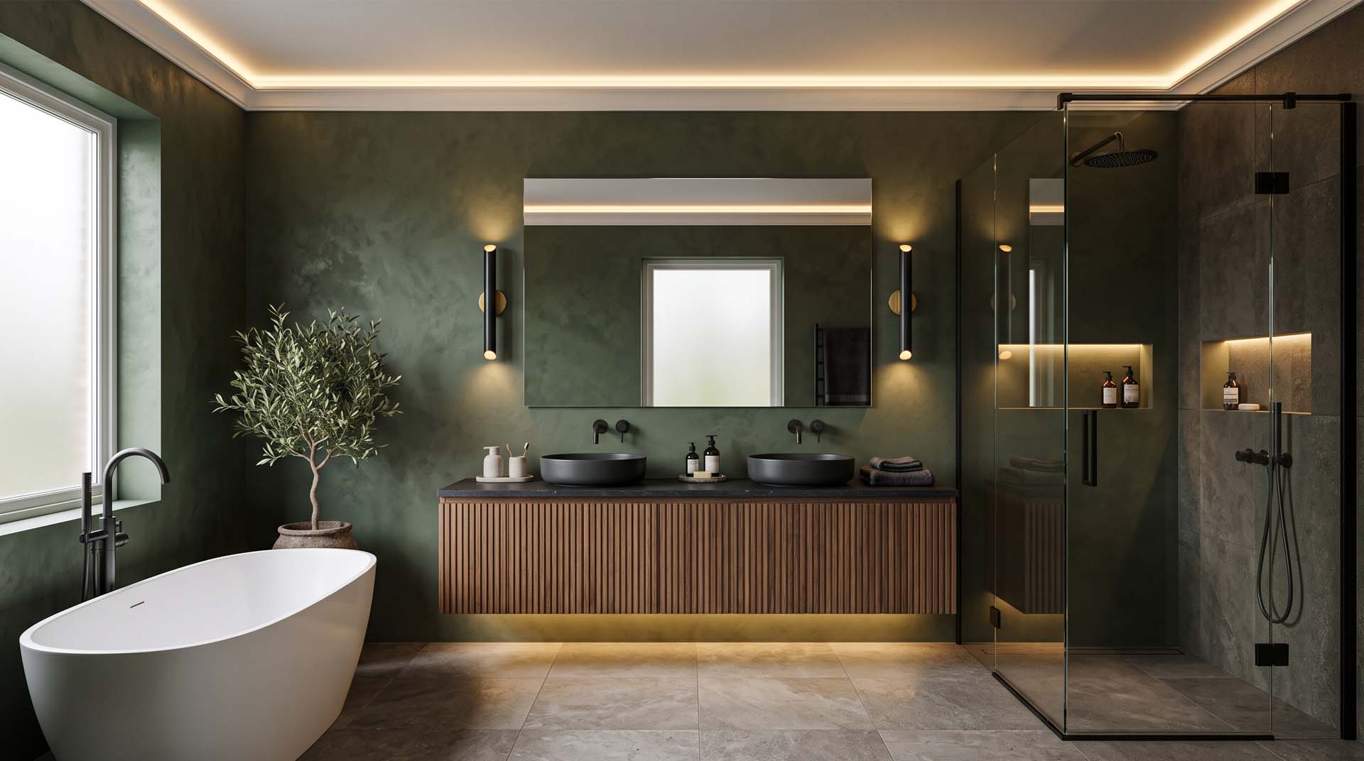 Tipos de iluminación para baños modernos Baño contemporáneo con diferentes tipos de iluminación LED: techo, espejo, mueble y ducha