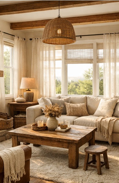 Salón rústico acogedor con luz natural y cortinas ligeras en tonos naturales. Salón acogedor de estilo rústico con sofá beige, mesa de centro de madera maciza, chimenea de piedra y grandes ventanas con cortinas ligeras que dejan pasar la luz natural.