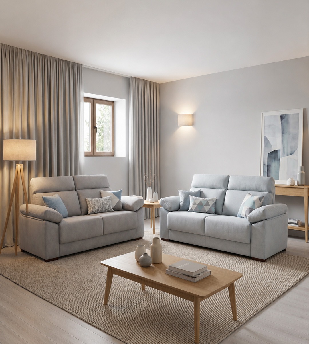 Sofás grises modernos para salón elegante Conjunto de sofás grises tapizados en salón contemporáneo con iluminación cálida y mesa de centro de madera.