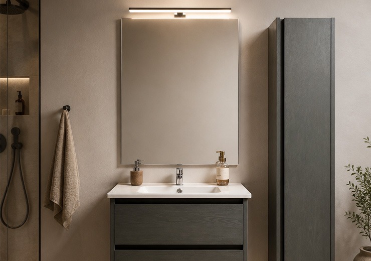 Iluminación del espejo y lavabo del baño Lavabo con espejo rectangular iluminado mediante barra LED superior para una luz frontal uniforme