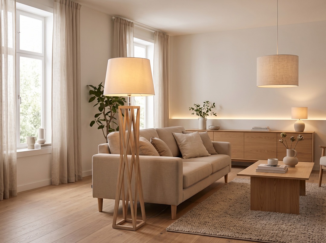 Iluminación cálida para salón de estilo nórdico Salón nórdico con iluminación cálida, sofá beige, lámparas de diseño y mobiliario de madera natural.