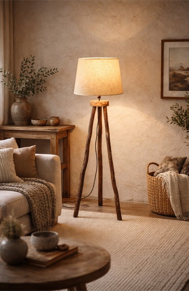 Lámpara de pie rústica de madera con pantalla beige para salón. Lámpara de pie rústica de madera con tres patas y pantalla beige en salón acogedor de estilo natural.