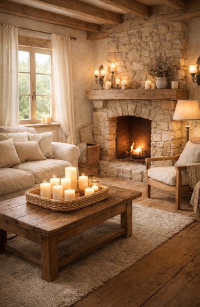 Salón rústico con chimenea de piedra y decoración cálida con velas. Salón rústico y acogedor con chimenea de piedra encendida, mesa de madera con velas decorativas y sofá claro junto a una ventana con cortinas claras.