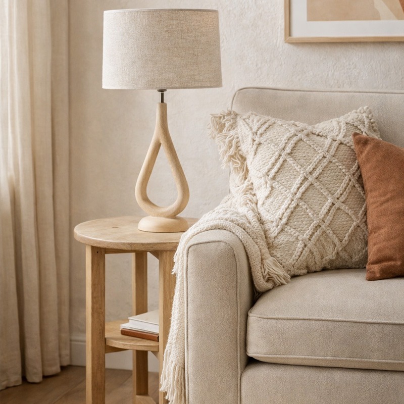 Mesa auxiliar con lámpara de madera junto a sofá beige Mesa auxiliar de madera con lámpara decorativa junto a sofá beige con cojines texturizados
