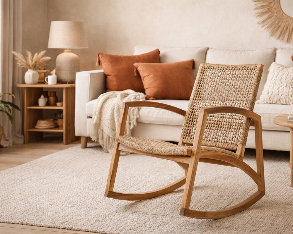 Sillón mecedora de madera y ratán en ambiente boho cálido Sillón mecedora de madera natural y ratán en salón boho chic con cojines terracota y decoración cálida