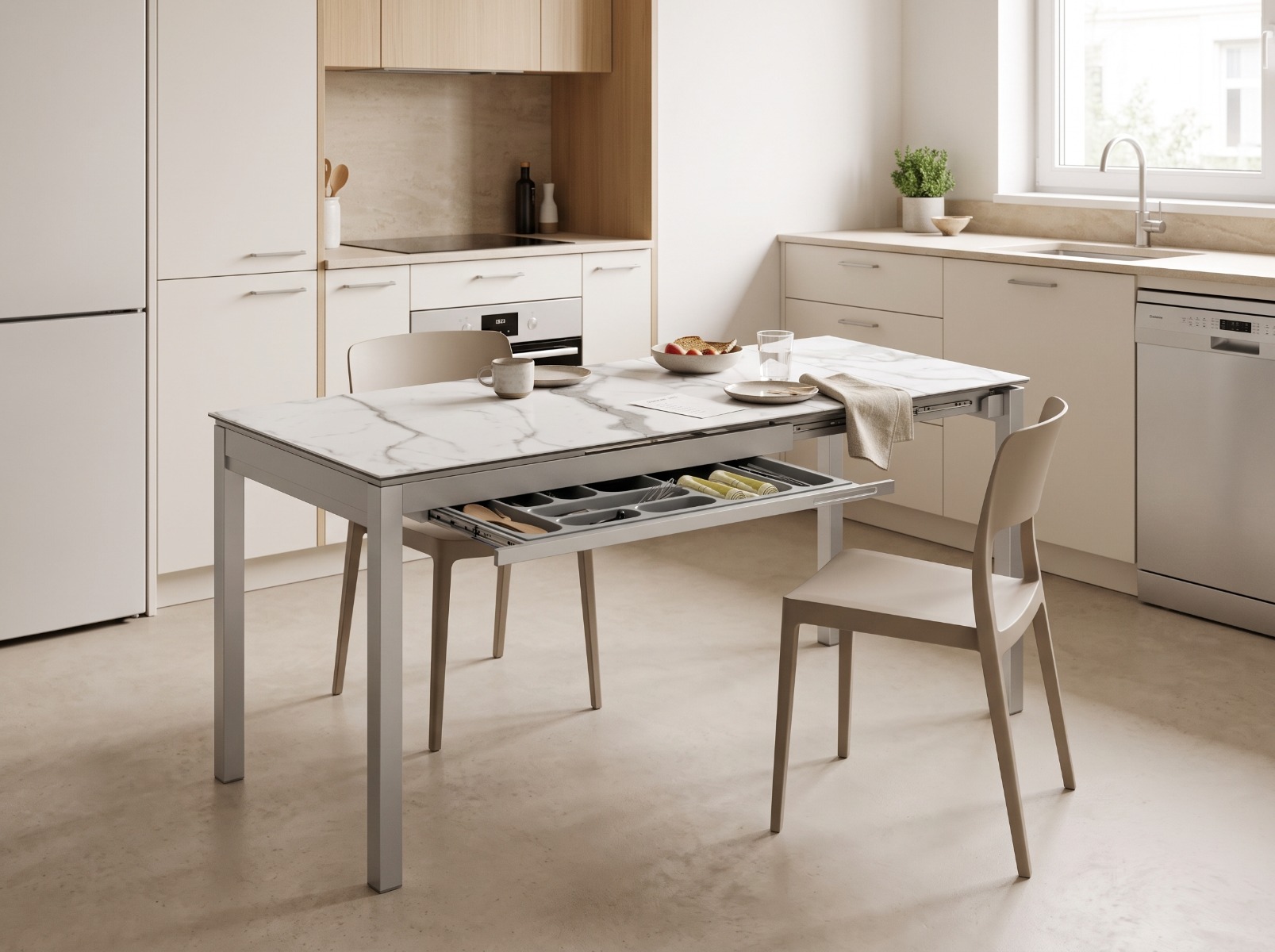 Mesa extensible para aprovechar el espacio en la cocina Mesa de cocina extensible con tablero efecto mármol y estructura blanca
