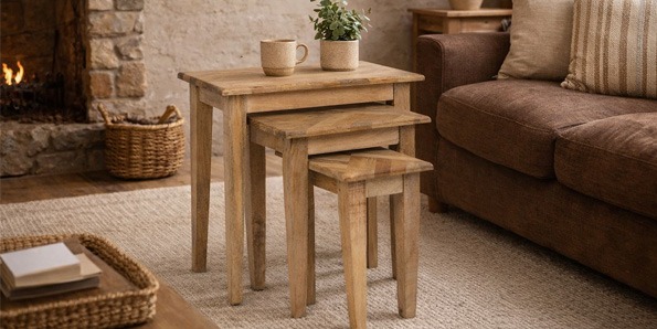 Conjunto de mesas nido de madera en salón rústico acogedor. Mesas nido de madera maciza en un salón rústico junto a un sofá y una chimenea de piedra.
