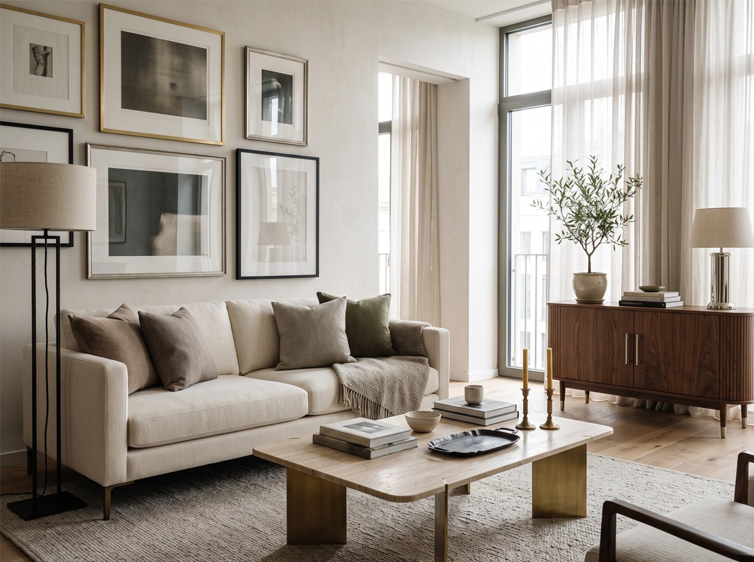 Metales como elemento decorativo Salón contemporáneo con sofá beige, sillones tapizados y detalles metálicos que aportan sofisticación al espacio.