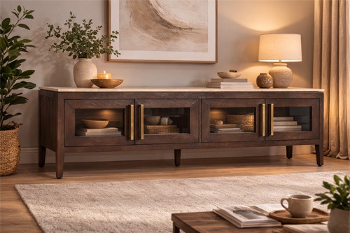 Mueble TV de madera oscura con vitrina y encimera clara en salón moderno y acogedor. Mueble TV de madera oscura con encimera clara y puertas de vidrio, estilo moderno cálido en salón acogedor.