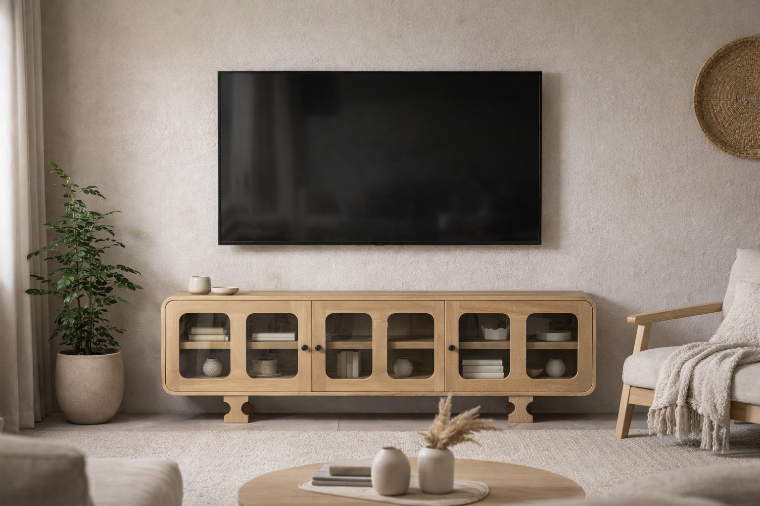 Mueble de TV de madera estilo Japandi en salón minimalista con televisor de pared. Mueble de TV de madera clara con puertas de cristal en un salón estilo Japandi, con televisor montado en la pared, decoración minimalista y tonos neutros.
