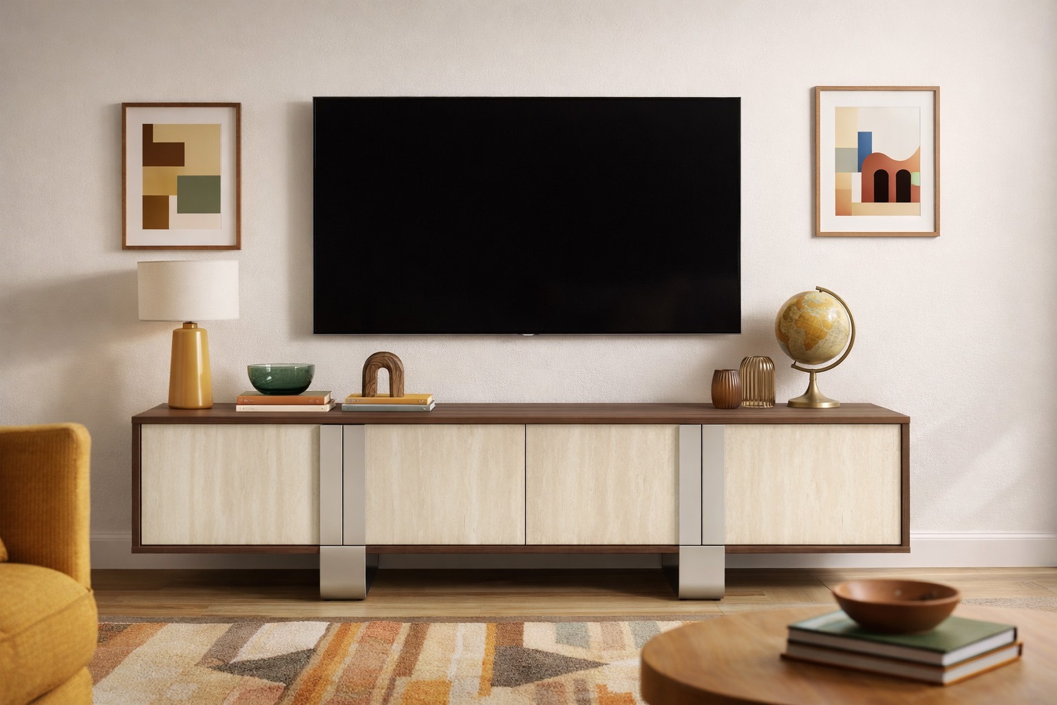 Mueble de TV Retro Mid-Century en salón decorado con televisor de pared. Mueble de TV estilo retro Mid-Century con sobre de madera nogal, puertas claras y patas metálicas, colocado en un salón decorado con televisor colgado en la pared y accesorios decorativos de estilo vintage.