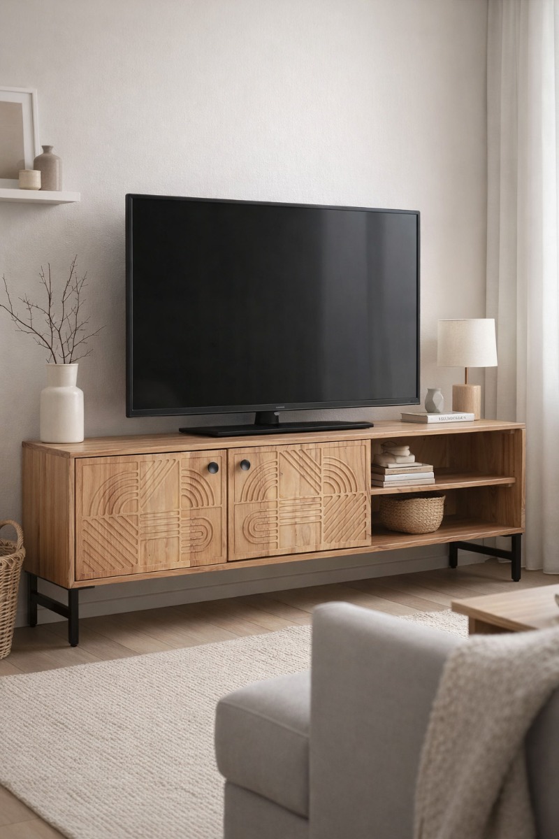Mueble de TV de madera natural estilo escandinavo con televisor en salón moderno. Mueble de TV de madera natural con diseño geométrico tallado en las puertas y estructura metálica negra, colocado en un salón escandinavo luminoso con un televisor encima, decoración minimalista y luz natural suave.