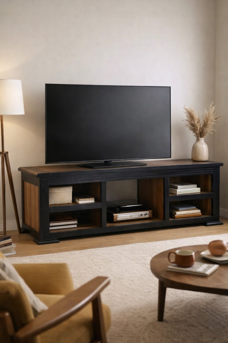 Mueble de TV estilo Mid-Century en salón decorado con televisor y estanterías de madera. Salón de estilo mid-century con mueble de TV de madera en acabado negro y nogal, con estantes abiertos y televisor de pantalla plana encima, decorado con libros y objetos decorativos.