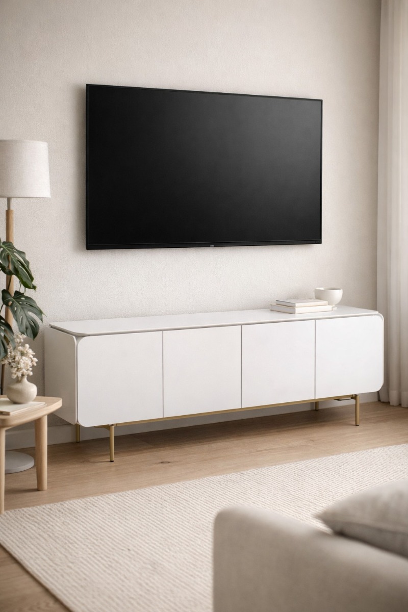Mueble de TV blanco moderno con patas metálicas doradas en ambiente de salón escandinavo. Mueble de TV blanco moderno con patas doradas y televisor montado en pared en salón escandinavo luminoso.