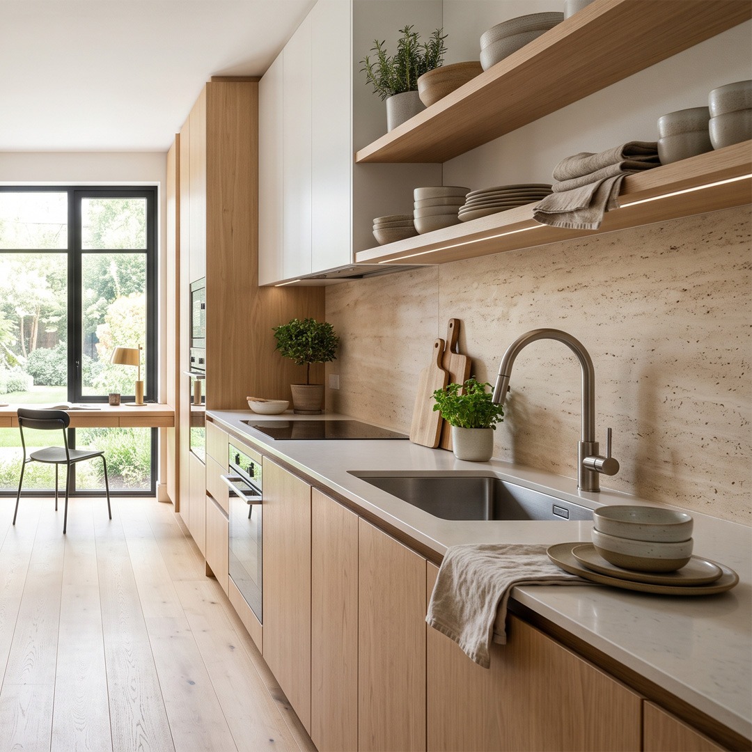 Combinación de muebles altos y estantes abiertos en cocina Cocina moderna con muebles altos, estantes abiertos de madera e iluminación LED integrada