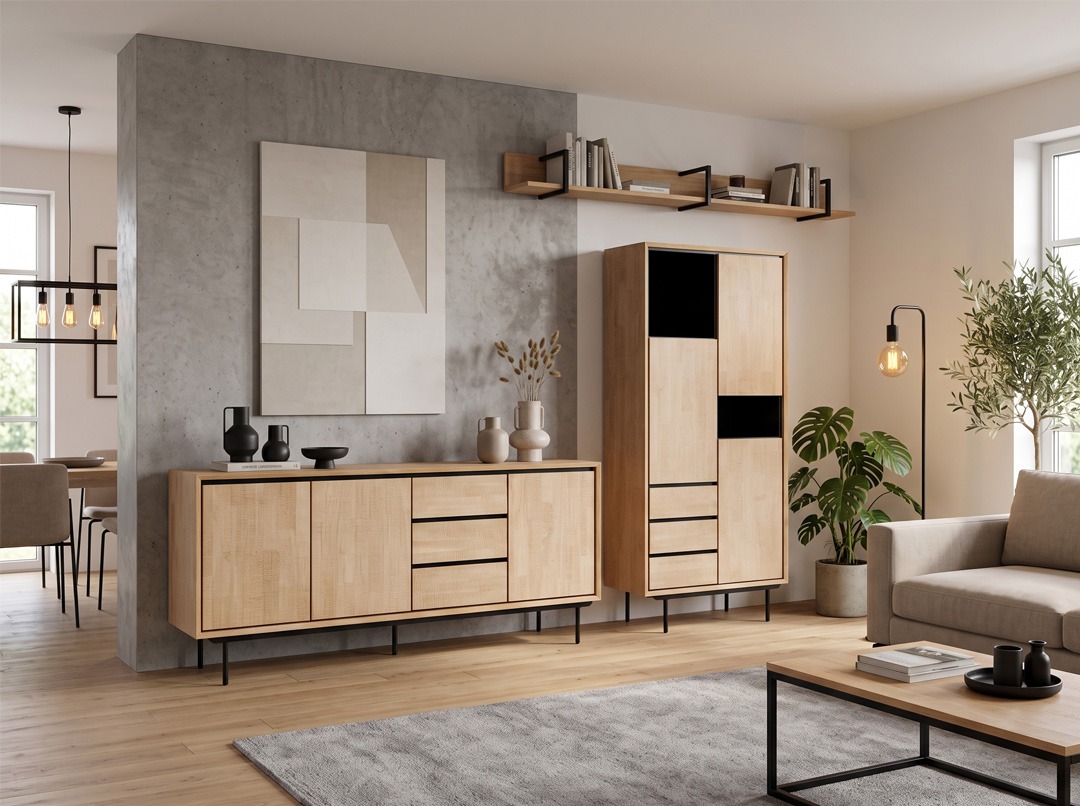 Salón de estilo nórdico industrial con muebles de madera y metal Salón de estilo nórdico industrial con aparador, vitrina de madera, detalles metálicos y decoración contemporánea.