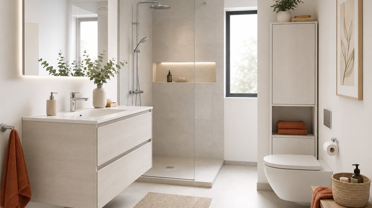 Mantener el orden en un baño pequeño con muebles de almacenaje Baño pequeño con mueble suspendido, ducha de obra y almacenaje vertical que mantiene el espacio ordenado y despejado.