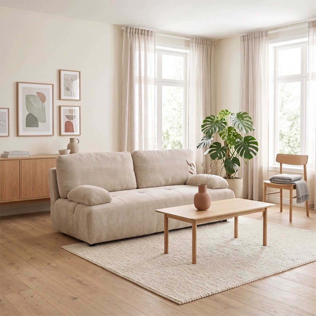 Salón de estilo nórdico con muebles de madera y tonos neutros Salón de estilo nórdico con sofá beige, muebles de madera clara, mesa de centro y decoración en tonos neutros.