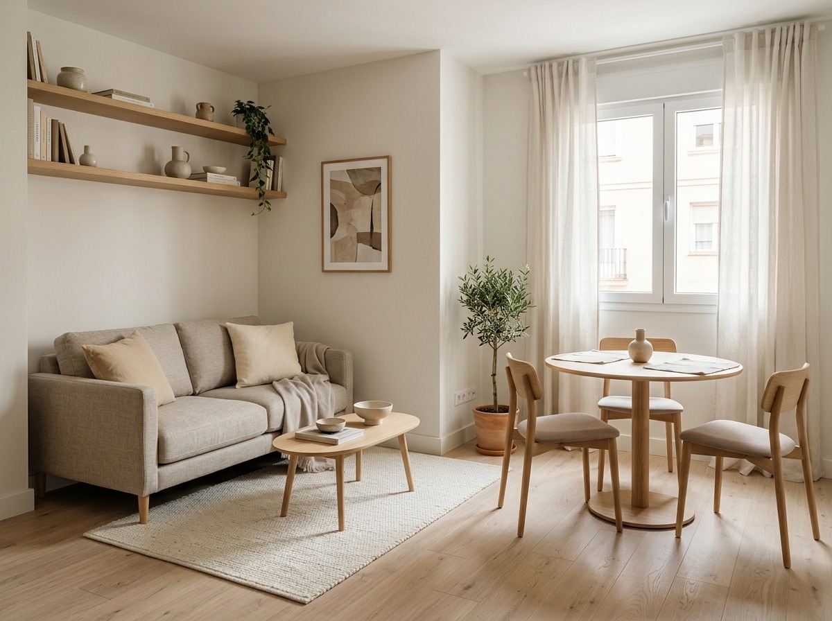 Cómo decorar un salón rectangular Salón rectangular decorado con sofá beige, mesa de centro de madera, aparador y grandes ventanales que aportan amplitud y luz natural.