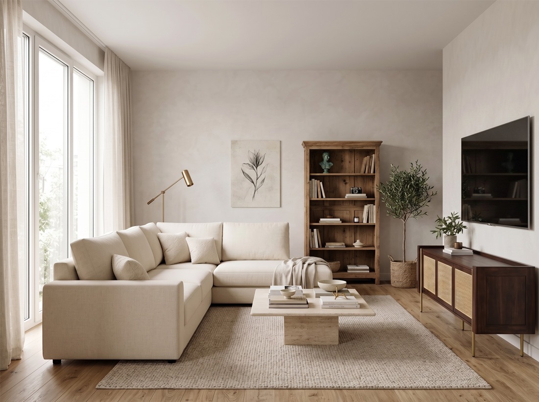 Cómo integrar piezas vintage en el salón Salón moderno con sofá curvo, butacas de inspiración vintage y muebles de madera que combinan diseño y calidez.