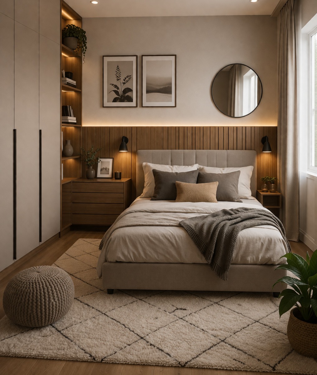 Dormitorio contemporáneo con cabecero de madera iluminado y estilo cálido en tonos neutros Dormitorio moderno con cama doble, cabecero de madera con iluminación, mesitas y decoración en tonos neutros