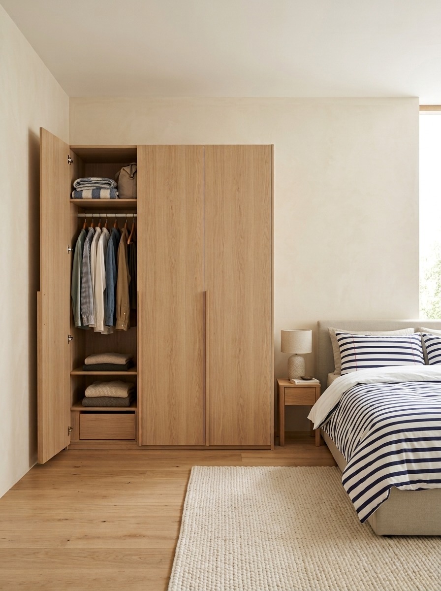 Iluminación del dormitorio según el estilo decorativo Dormitorio de estilo nórdico con muebles blancos y grises, textiles neutros y lámparas de sobremesa con luz cálida.