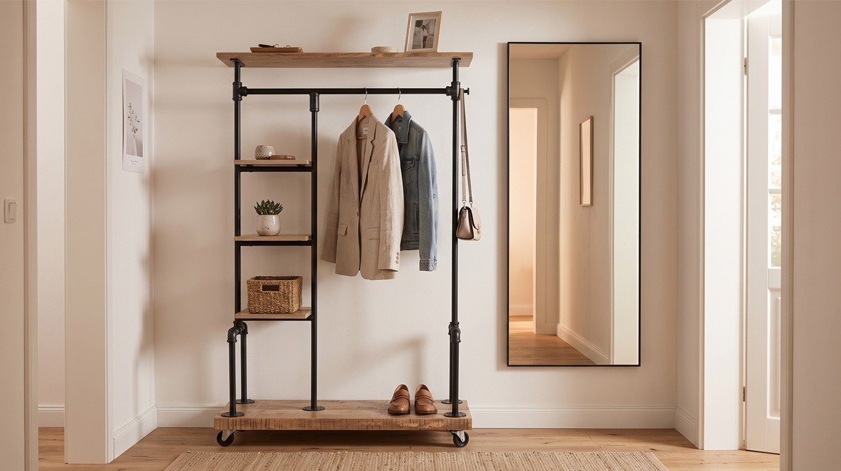 Ideas para decorar y organizar un recibidor pequeño Recibidor pequeño con perchero de madera y metal, estantes y espejo vertical de pared