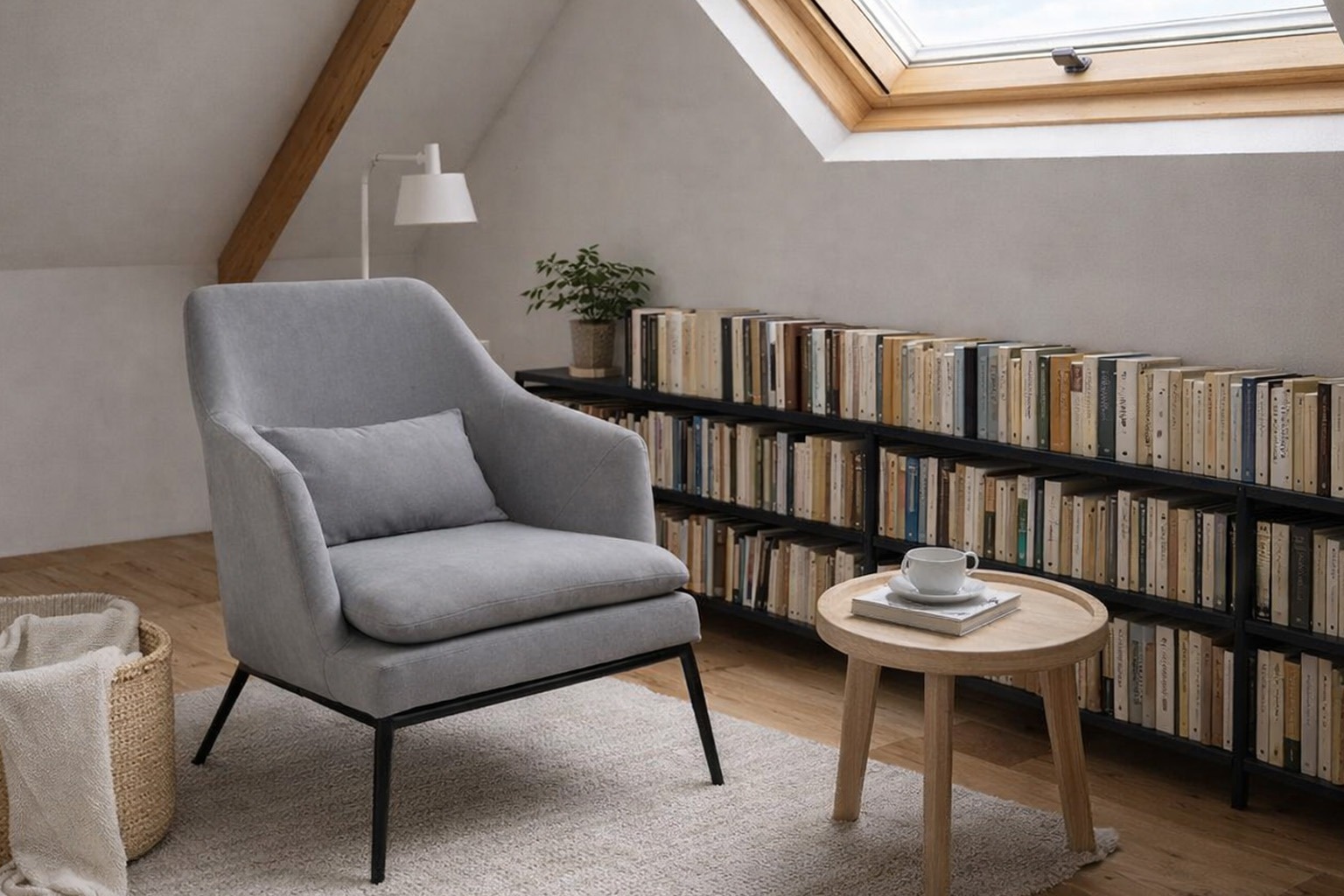 Sillón tapizado gris en zona de lectura abuhardillada con luz natural y estantería metálica Sillón gris moderno en rincón de lectura bajo ventana tipo Velux con estantería negra llena de libros en buhardilla acogedora