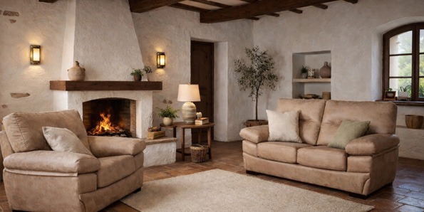 Salón rústico mediterráneo con sofá y chimenea. Salón rústico de estilo mediterráneo con sofá y sillón beige frente a una chimenea de obra, suelo de barro cocido y vigas de madera vistas.