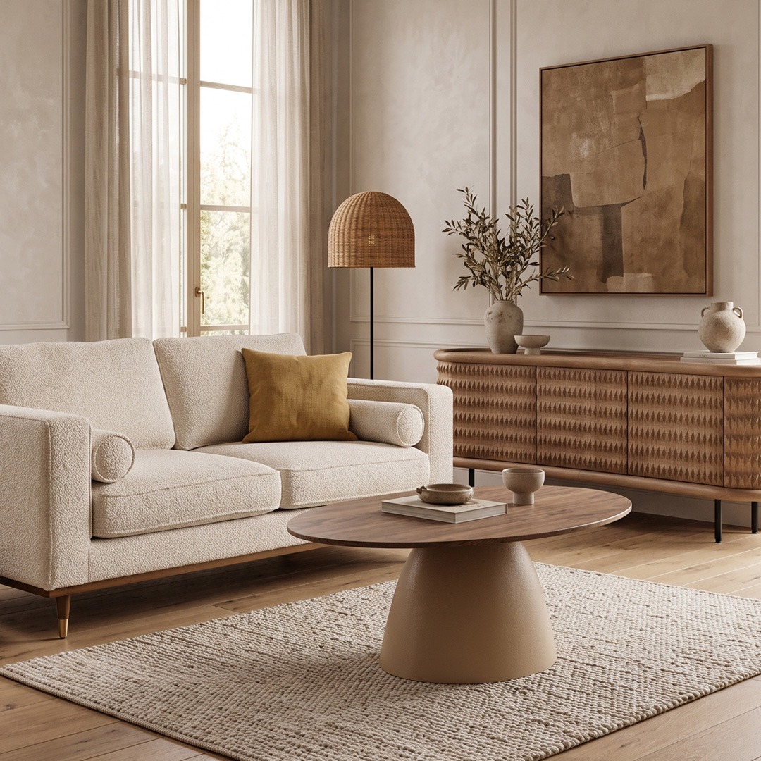 Salón clásico moderno con sofá bouclé y muebles de diseño Salón clásico moderno con sofá bouclé, mesa de centro redonda, aparador de madera y lámpara de pie de fibras naturales.