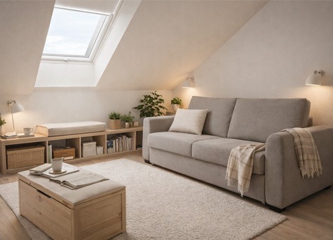 Sofá cama gris en salón abuhardillado estilo escandinavo con luz natural Salón abuhardillado de estilo escandinavo con sofá gris de tres plazas tipo cama, luz natural desde ventana Velux, muebles bajos de madera y decoración minimalista en tonos neutros.