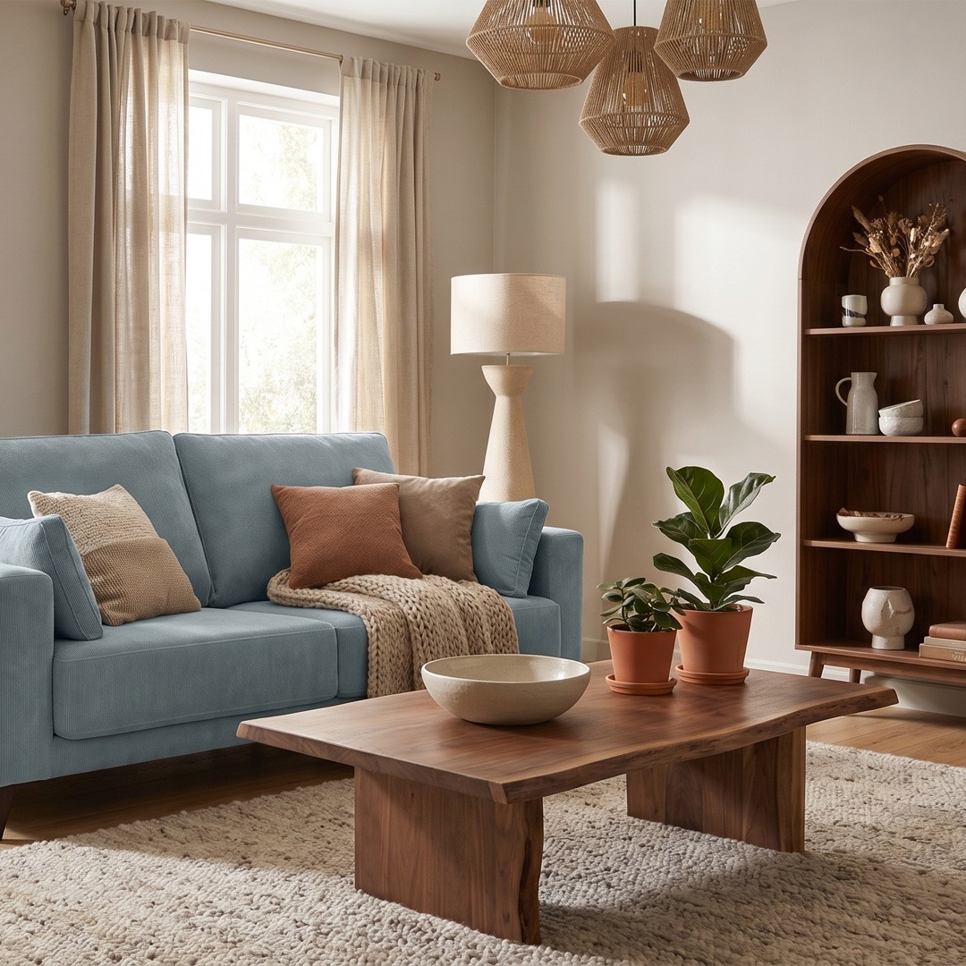 Salón cálido con sofá azul y mesa de centro de madera Salón acogedor con sofá azul, mesa de centro de madera maciza y estantería curva en tonos cálidos.