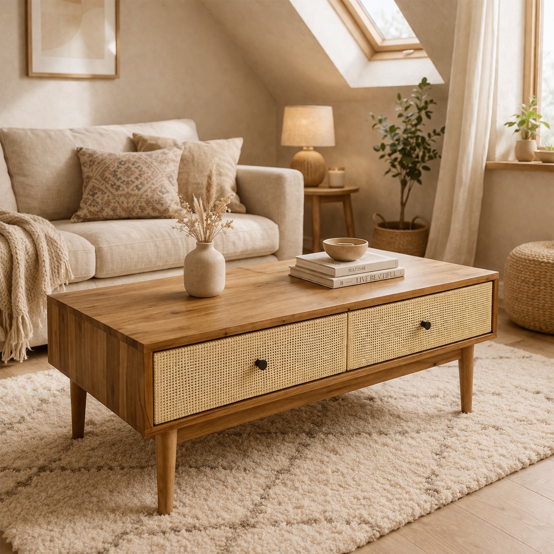 Mesa de centro de madera con cajones de rejilla en salón bohemio cálido y acogedor Mesa de centro de madera con cajones de rejilla en salón abuhardillado de estilo bohemio suave, con decoración en tonos neutros y ambiente acogedor