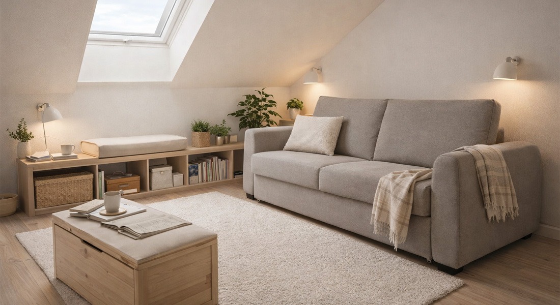 Sofá cama gris en salón abuhardillado estilo escandinavo con luz natural y muebles funcionales Salón abuhardillado de estilo escandinavo con sofá gris de tres plazas tipo cama, luz natural desde ventana Velux, muebles bajos de madera y decoración minimalista en tonos neutros.
