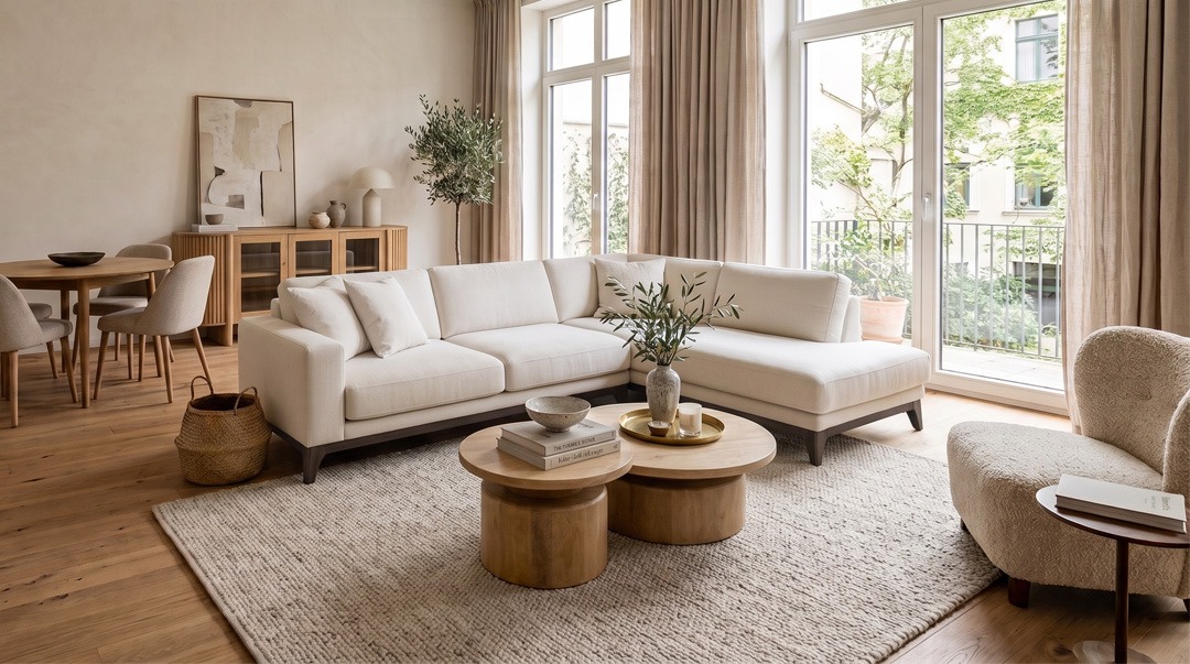 Ideas para decorar un salón cuadrado Salón cuadrado con sofá chaise longue, mueble TV de madera, librería y distribución equilibrada en estilo contemporáneo.
