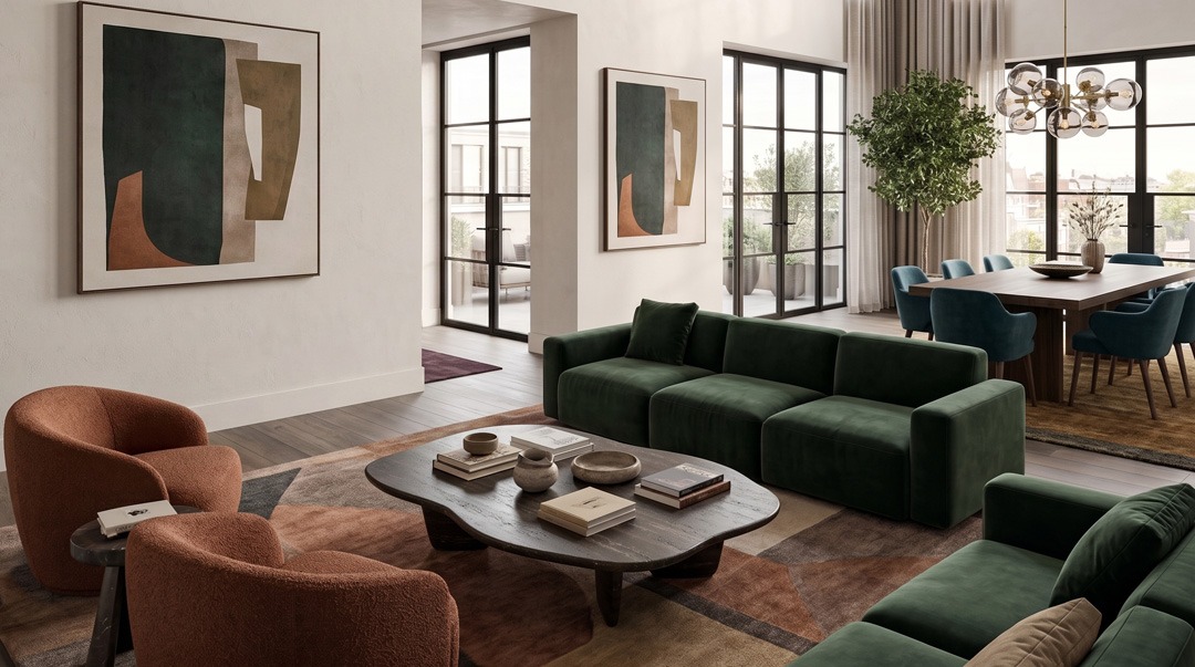 Cómo decorar un salón grande Salón grande con diferentes zonas de estar y comedor, sofá en L, muebles de madera y decoración cálida y luminosa.