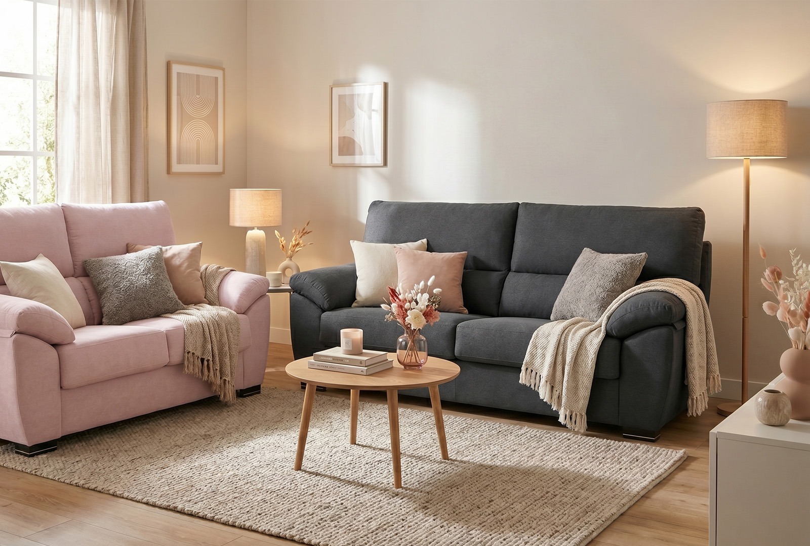 Combinación de sofá rosa y gris oscuro Sala de estar moderna con sofá rosa y sofá gris oscuro acompañados de decoración nórdica y mesa auxiliar redonda.