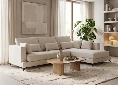 Salón minimalista con sofá chaise longue moderno Sofá chaise longue beige en salón minimalista con mesa de centro de madera