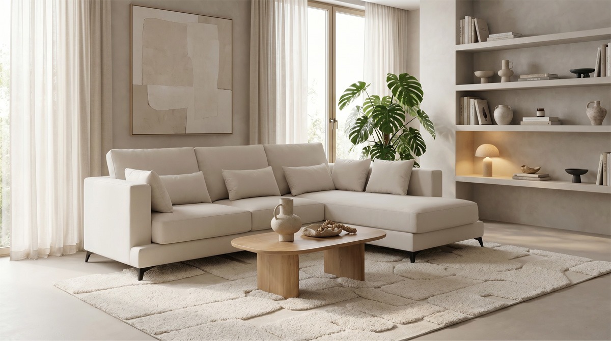 Salón minimalista con sofá chaise longue moderno Sofá chaise longue beige en salón minimalista con mesa de centro de madera