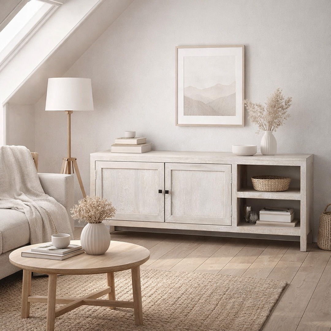 Mueble de Tv escandinavo en salón de buhardilla con decoración nórdica cálida Mueble de Tv de madera clara estilo escandinavo en buhardilla luminosa con decoración neutra y textiles naturales