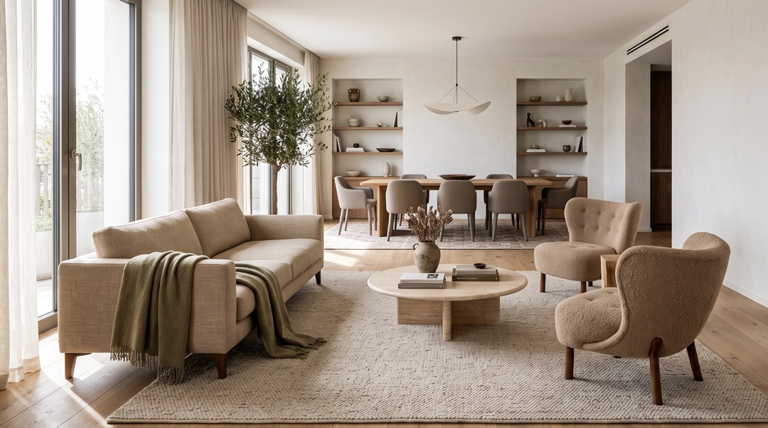 Cómo decorar un salón rectangular Salón rectangular decorado con sofá beige, mesa de centro de madera, aparador y grandes ventanales que aportan amplitud y luz natural.