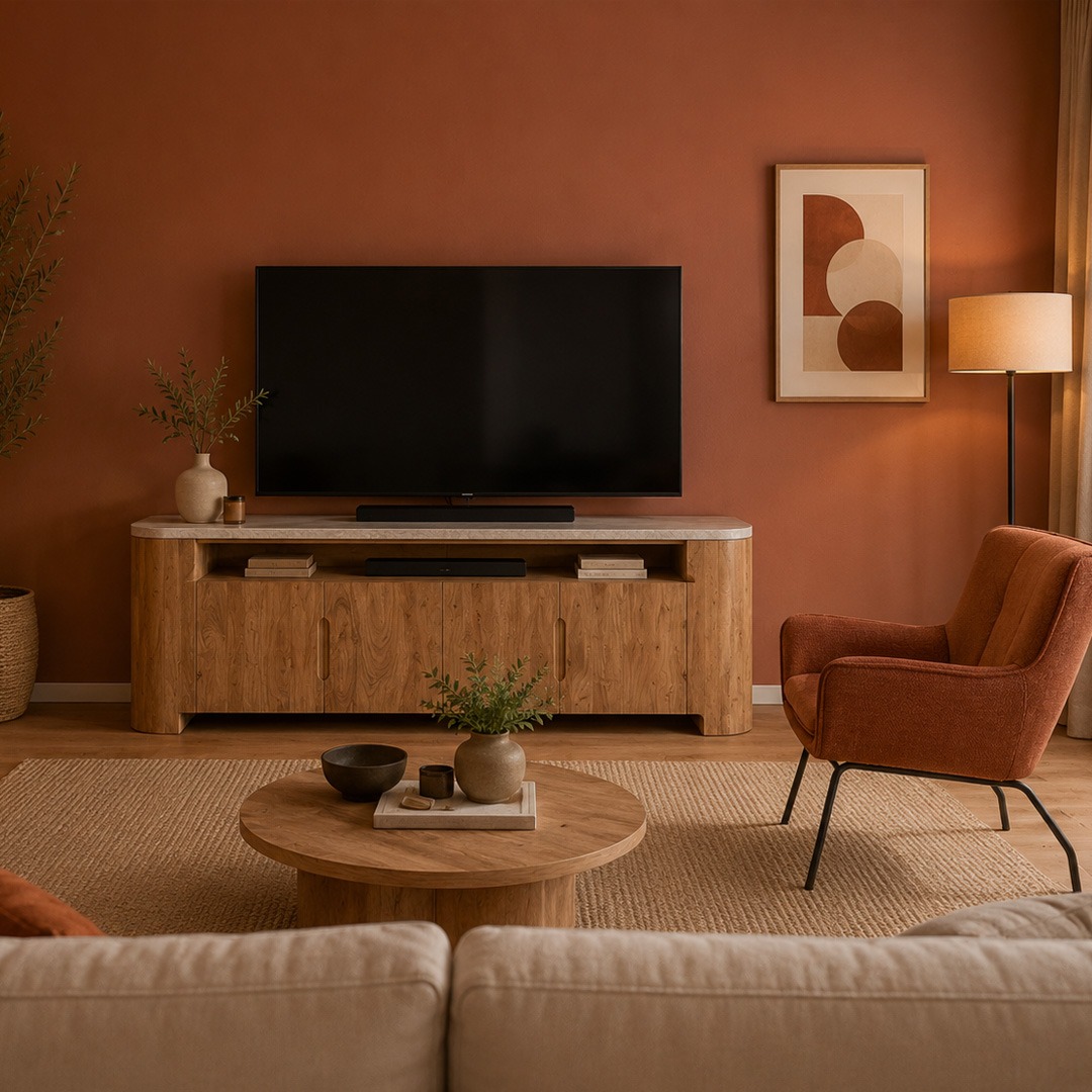 Mueble TV de madera en salón de estilo contemporáneo Salón contemporáneo con mueble TV de madera natural, paredes terracota y mesa de centro redonda.