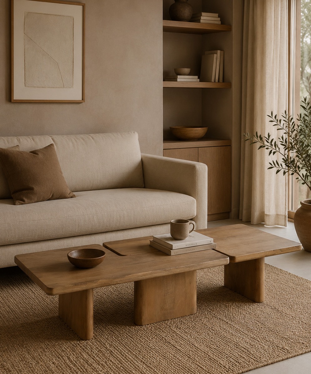 Salón minimalista con mesas de centro de madera natural Salón minimalista con sofá beige y mesas de centro de madera en ambiente cálido y natural.