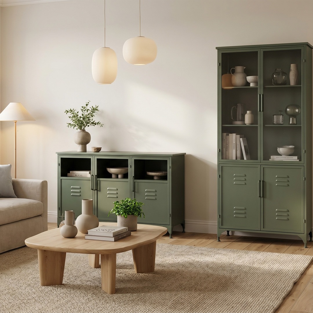 Salón moderno con muebles verdes y mesa de centro de madera Salón moderno con muebles metálicos verdes, mesa de centro de madera clara y vitrina decorativa de estilo contemporáneo.