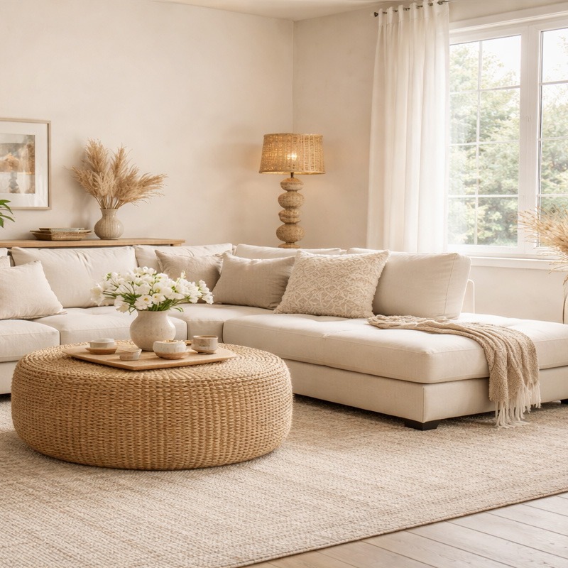 Salón moderno con sofá beige y mesa de centro de fibras naturales Salón luminoso con sofá beige, mesa de centro de fibras naturales y decoración en tonos neutros