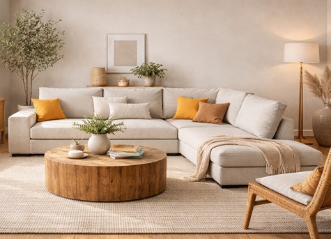 Salón decorado con cuadro abstracto en tonos neutros sobre sofá beige Salón moderno y luminoso con sofá beige y gran cuadro abstracto en tonos neutros sobre la pared, decoración natural y muebles de madera clara.