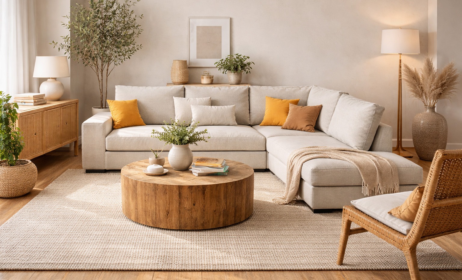Salón decorado con cuadro abstracto en tonos neutros sobre sofá beige Salón moderno y luminoso con sofá beige y gran cuadro abstracto en tonos neutros sobre la pared, decoración natural y muebles de madera clara.