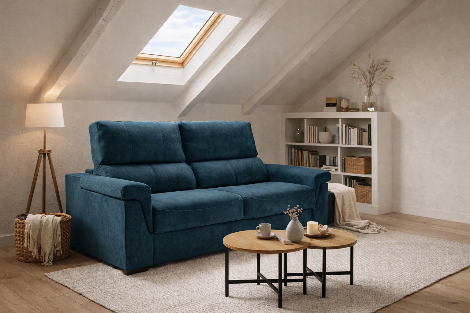 Mueble de TV de madera estilo Japandi en salón minimalista con televisor de pared. Mueble de TV de madera clara con puertas de cristal en un salón estilo Japandi, con televisor montado en la pared, decoración minimalista y tonos neutros.